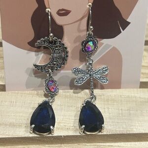 Silver and Blue Moon and Dragonfly Earrings